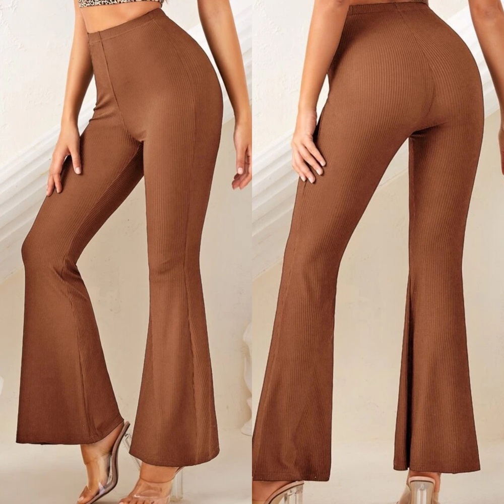 Boho flared rib knit high waist pants brown tan - Picture 2 of 3